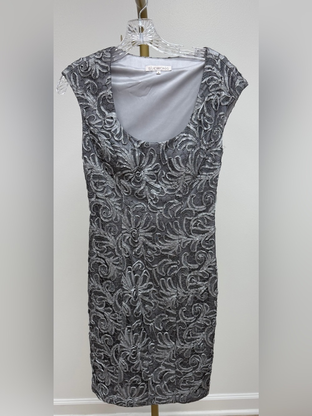 Sue Wong Silver Gray Floral Lace Sheath Dress Size 4 - Picture 2 of 4